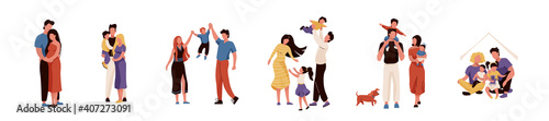 Happy family set vector illustration. Collection of mother, father, daughter and son hugging, playing and smiling, spending time together. Isolated on white background