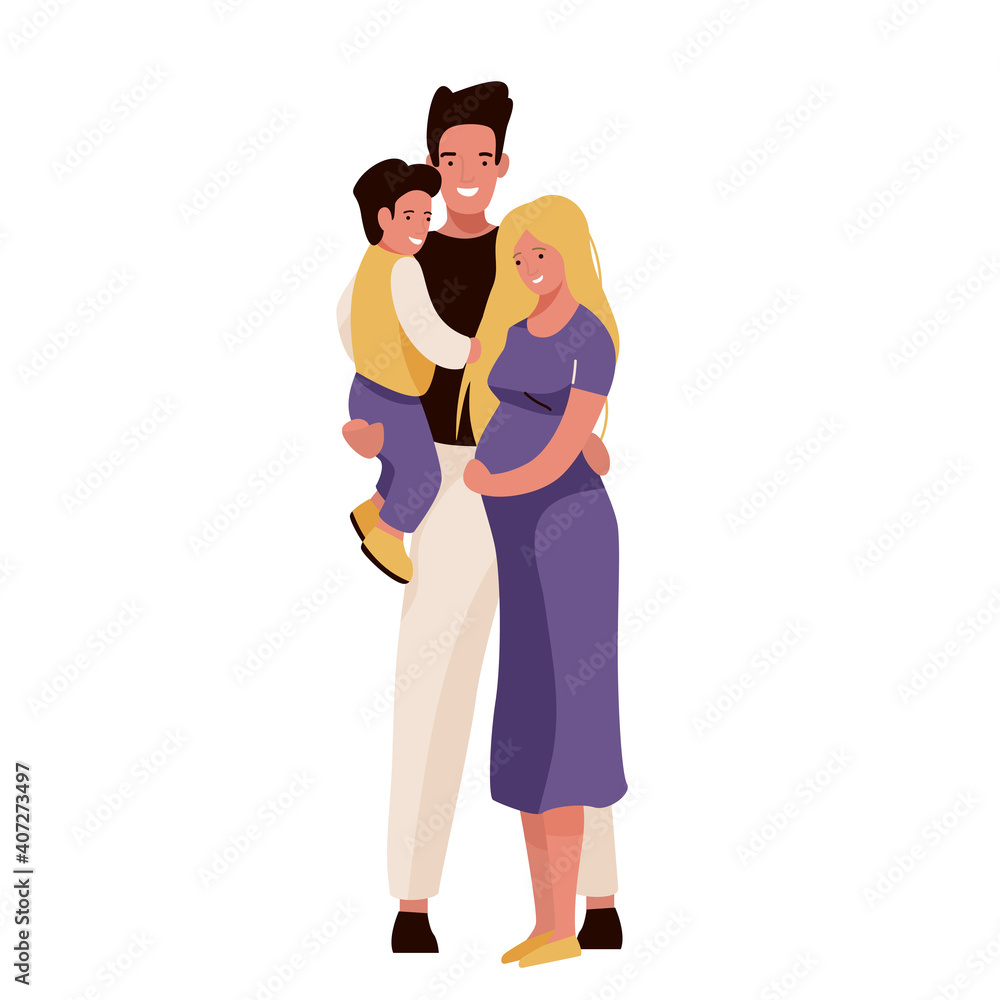 Happy family vector illustration. Mom, dad and son hugging, smiling standing. Father hold child on his hand. Isolated on white background