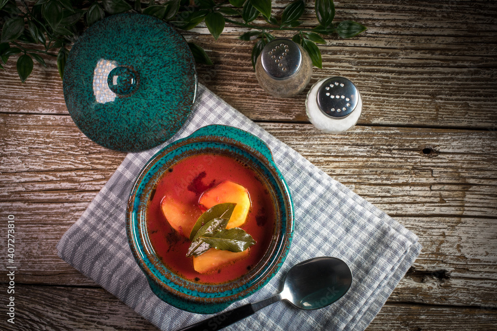 Red borscht soup in bowl. Red borscht soup in bowl.