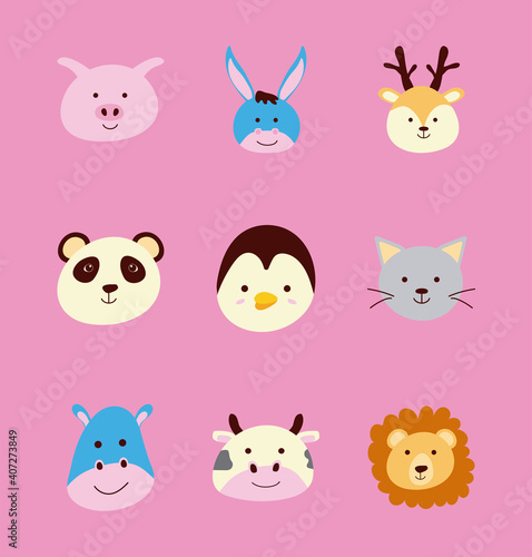 Fototapeta Naklejka Na Ścianę i Meble -  bundle of nine cute little animals heads characters