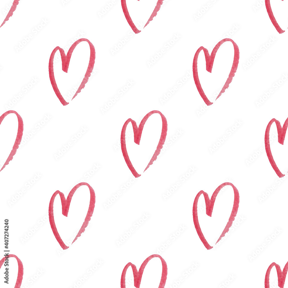 Watercolor contoured pink hearts on a white background. Seamless pattern. Hand drawn illustration