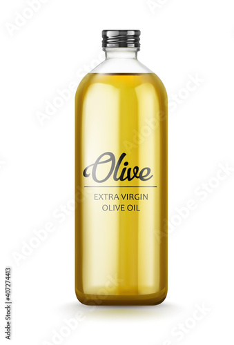 Extra virgin olive oil glass bottle. Realistic template for label design. Isolated on white transparent background. Vector illustration.