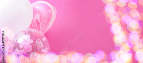 Pink and white balloons on a pink background banner with copy paste