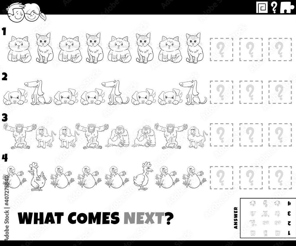 pattern game with cartoon animals coloring book page