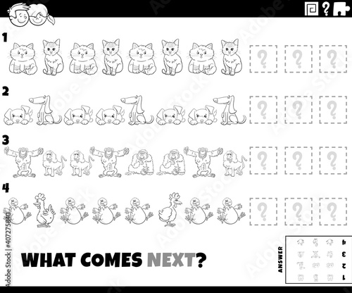 pattern game with cartoon animals coloring book page
