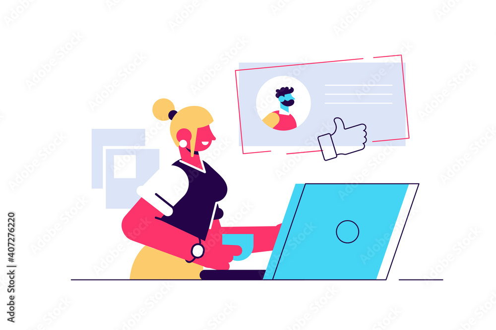 Woman sitting at laptop and using website for dating Woman sitting at laptop and using website for dating