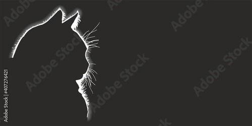 Beautiful illustration of a cat. Cat head silhouette in monochrome style. Fluffy fur. Stencil. kitten silhouette, Element for your design. icon.