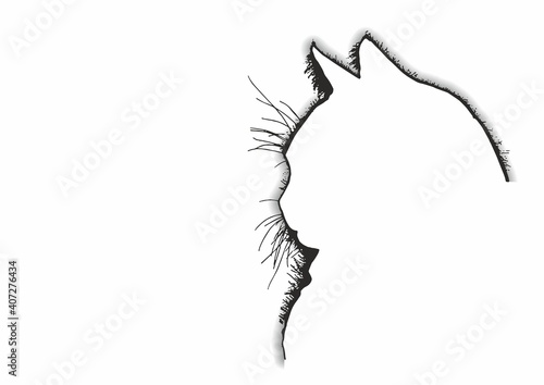 Beautiful illustration of a cat. Cat head silhouette in monochrome style. Fluffy fur. Stencil. kitten silhouette, Element for your design. icon.