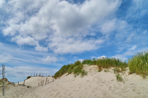 sand dunes with beach grass at Nymindegab Strand, Denmakr on a sunny summer day with scenic vivid blue sky and white clouds photo