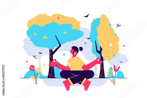 Forest bathing vector illustration. Nature therapy flat tiny