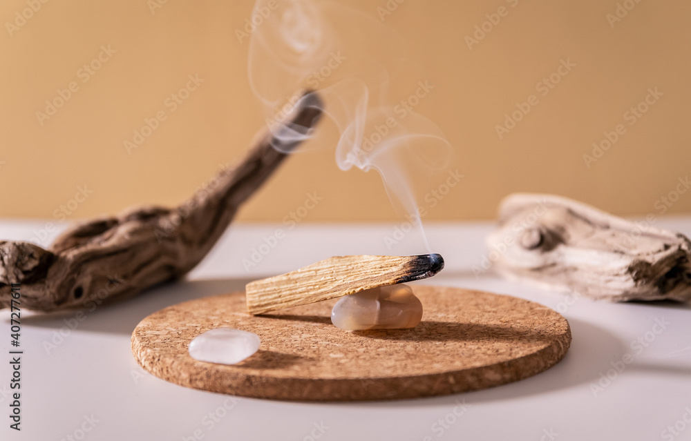 Peruvian palo santo holy wood smoke. Esoteric objects for meditation, antistress and relaxation purifying concept. Smudge kit for spiritual practices. - obrazy, fototapety, plakaty 