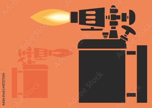 Image of blowtorch. A gas-fired heater. An antique tool for heating objects. Hand tool. Flat blowtorch icon.