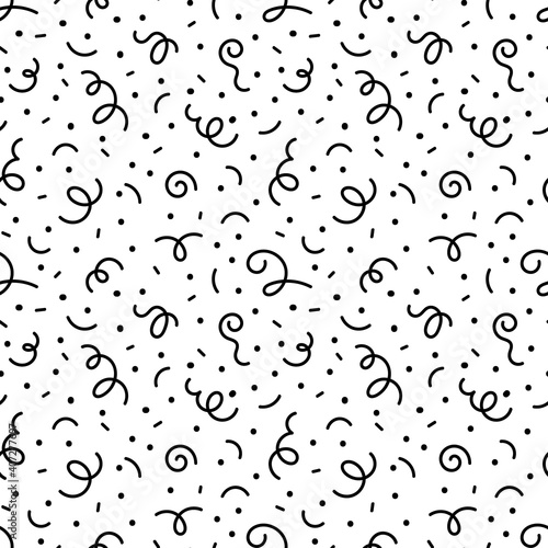 Doodle seamless pattern with ribbon confetti rain. Festive background. Vector abstract pattern.