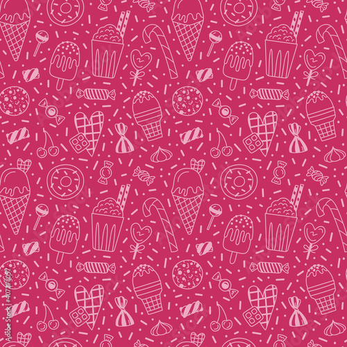 Vector seamless pattern with doodle sweets - ice cream, donut, candy, cookie, waffle, milk shake. Magenta pink background. 