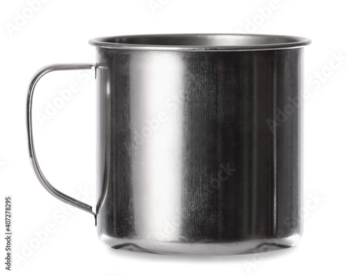 Metal mug on white background