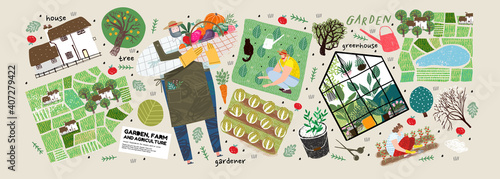 Garden, farm and agriculture. Vector illustration of gardener, garden beds, fields, maps, houses, nature, greenhouse and harvest. Drawings and objects for poster, background or postcard