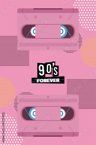 90s forever lettering with cassette in pink background