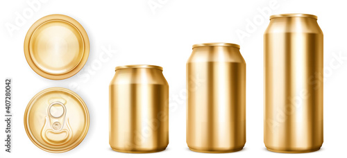 Golden tin cans for soda or beer in front, top and bottom view. Vector realistic 3d mockup of blank gold cans different sizes for drink with ring pull on lid isolated on white background