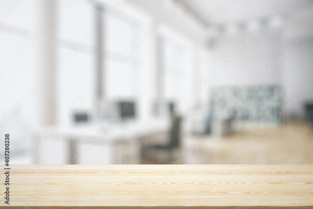 Blank tabletop made of wooden planks with light contemporary furnished office on background, mockup - obrazy, fototapety, plakaty 