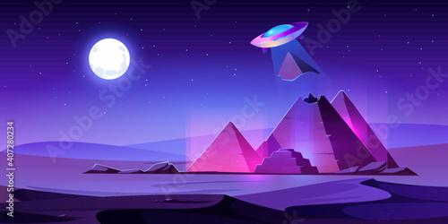 Ufo steal Egypt pyramids top in night desert, alien saucer pull piece of egyptian pharaoh tomb in light beam. Extraterrestrial invasion at ancient famous african landmark Cartoon vector illustration