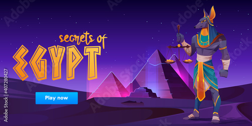 Game banner about Secrets of Egypt with Anubis and pyramids on desert landscape. Vector cartoon background for game ui interface with ancient tombs and egyptian god at night
