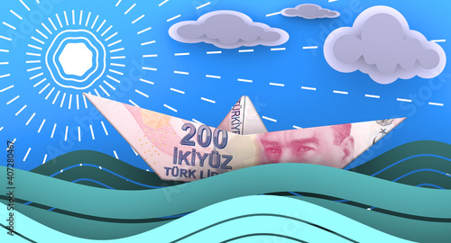 Turkish banknote  lira  as a paper boat floats on the waves of the ocean against the background of the blue sky  clouds and the sun. 3D illustration