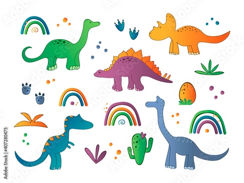 Cute collection with lovely dinosaurs characters. Dino colorfull print for kids decor. Vector illustration set.