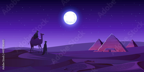 Bedouins walk to Egypt pyramids on camel at night desert. Egyptian pharaoh tomb complex in Giza plateau illuminated with mystic moonlight under starry sky. Cartoon vector ancient african landmark