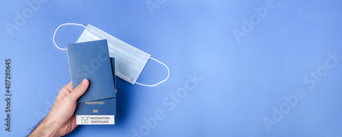 Vaccination passport with green check mark, risk-free travel certificate concept, banner with copy space