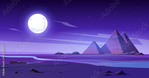 Egyptian desert with river and pyramids at night. Vector cartoon illustration of landscape with sand dunes, water stream of Nile, ancient tombs of Egypt pharaoh, moon and stars in sky
