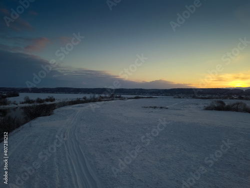 Beautiful winter landscape  sunset over the Dnipro river  view from the drone