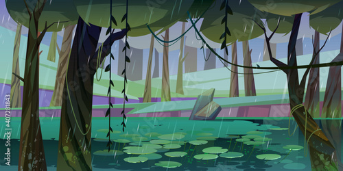 Rain in forest with swamp or lake and water lilies floating. Nature landscape with marsh in deep wood. Fantasy mystic scenery background with wild pond covered with ooze, Cartoon vector illustration