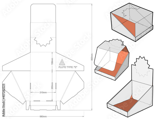 Counter display stand and Die-cut Pattern.  Ease of assembly, no need for glue. The .eps file is full scale and fully functional. Prepared for real cardboard production.