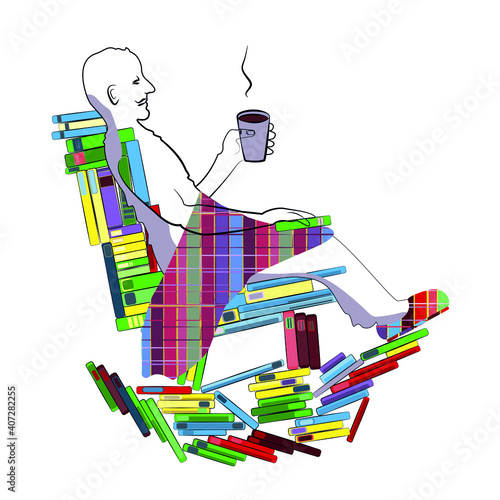 Dreaminess or thoughtful man with a cup of coffee and a book in his hands in a rocking chair surrounded by stacks of books on white background.