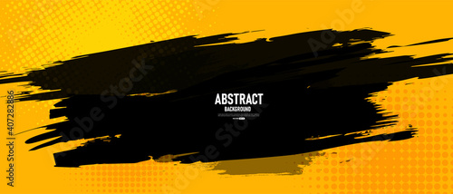 Black and yellow abstract background with brushstroke and halftone style.	
