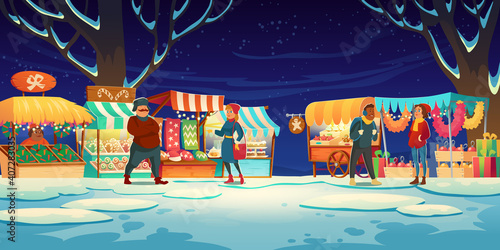 People on Christmas fair with market stalls with candies, santa hats, cakes and gingerbreads. Vector cartoon winter landscape with traditional holiday marketplace with garland lights at evening