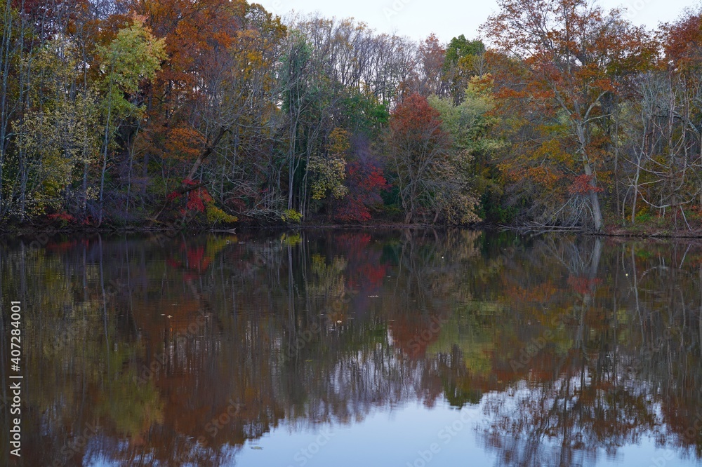 Colorful autumn foliage reflecting in the water in New Jersey, United States Colorful autumn foliage reflecting in the water in New Jersey, United States