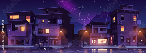 Ghetto street at night rain with lightnings, slum ruined abandoned old buildings flooded with water shower. Dilapidated dwellings stand on roadside with scatter litter, cartoon vector illustration
