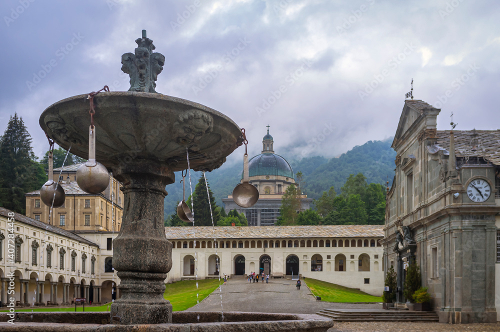 Panoramic view of the buildings on the religious complex named Sanctuary of Oropa near the city of Biella (Piedmont, Northern Italy); well-known religious center of Christian devotion.