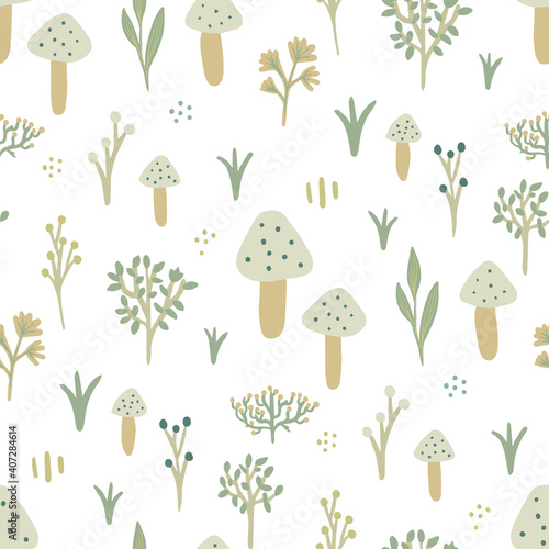 Cute Garden with Mushrooms and plants seamless pattern for stationery, wrapping paper, textile, babies, decoration