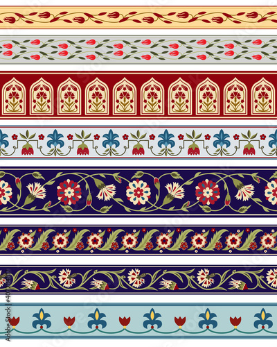 Seamless borders with various whimsical flowers. Central Asian, Suzani style. Pattern brushes included.