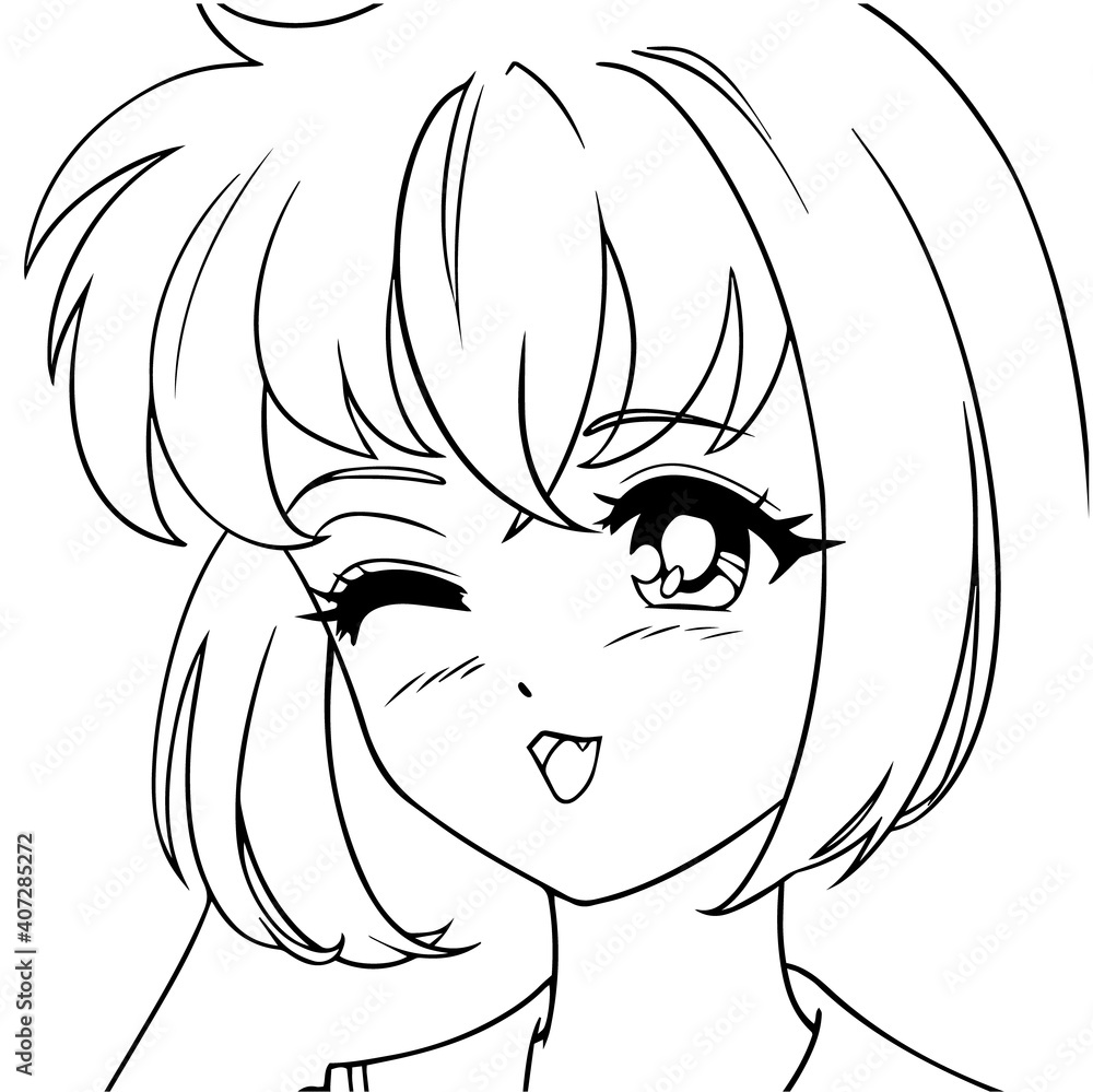 Cute anime girl icon portrait. Contour vector illustration. Stock ...