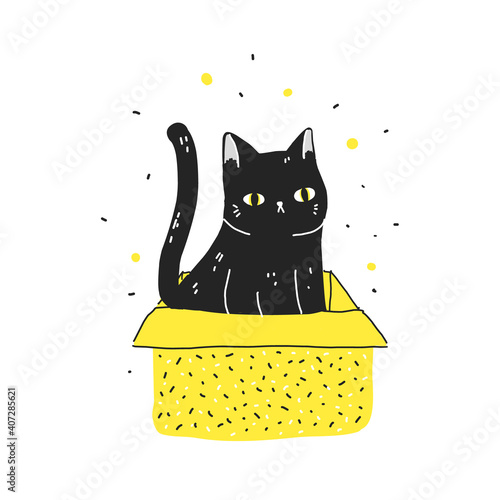 Funny cartoon black cat sit in box. Modern flat style pet vector illustration