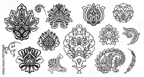 Set of 14 vintage Persian style Damask flowers and pomegranate flowers. Collection of linear decor  for custom design, patterns, ornaments, backgrounds, wallpapers.