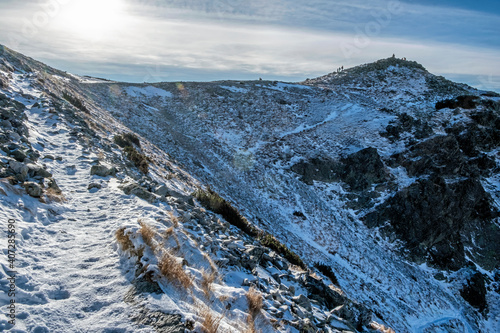 Mountain saddle below Ostrva peak, High Tatras, Slovakia, winter scene photo