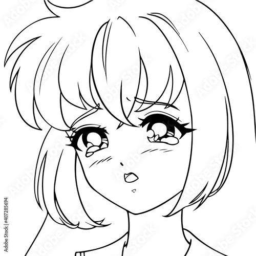Cute anime girl icon portrait. Contour vector illustration.