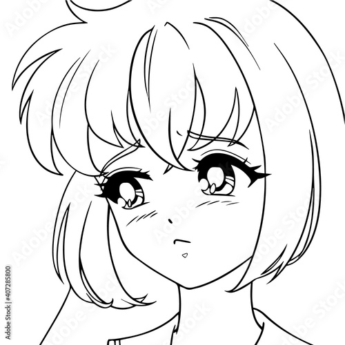 Cute anime girl icon portrait. Contour vector illustration.