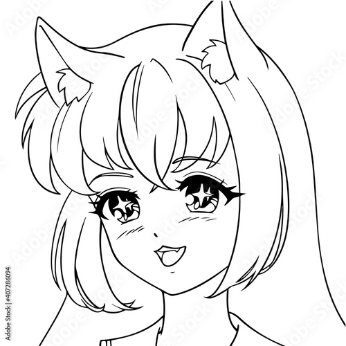 Vetor de Cute anime girl icon portrait. Contour vector