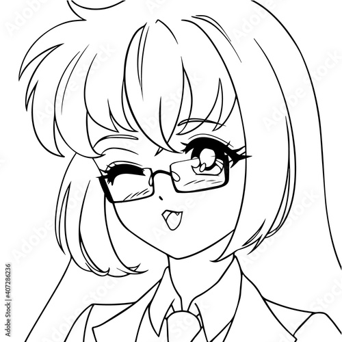 Cute anime girl with long hair wearing glasses.