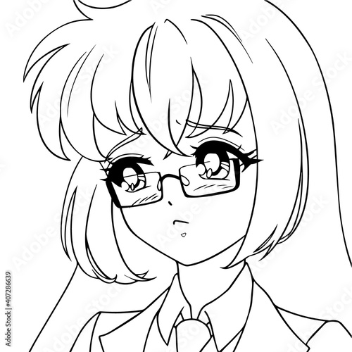 Cute anime girl with long hair wearing glasses.